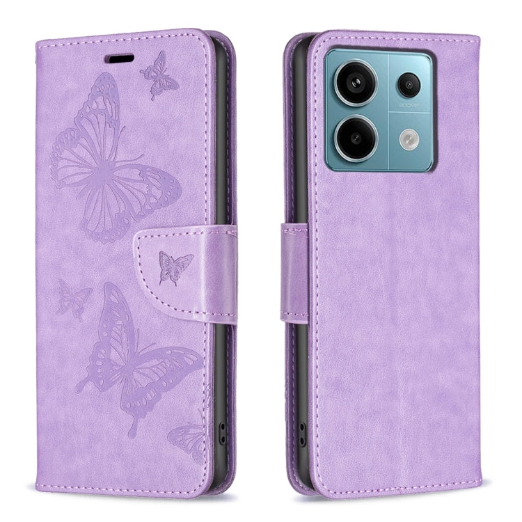 For Xiaomi Poco M6 Pro 4G Two Butterflies Embossing Leather Phone Case(Purple) - Xiaomi Cases by buy2fix | Online Shopping UK | buy2fix