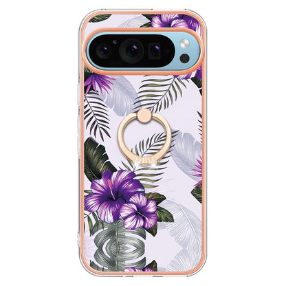 For Google Pixel 9 / 9 Pro Electroplating IMD TPU Phone Case with Ring(Purple Flower) - Google Cases by buy2fix | Online Shopping UK | buy2fix