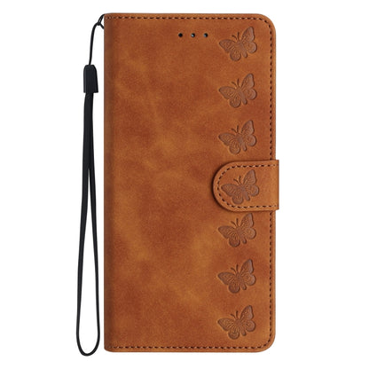 For iPhone 16 Seven Butterflies Embossed Leather Phone Case(Brown) - iPhone 16 Cases by buy2fix | Online Shopping UK | buy2fix