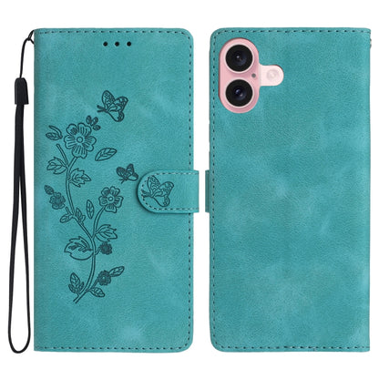 For iPhone 16 Flower Butterfly Embossing Pattern Leather Phone Case(Sky Blue) - iPhone 16 Cases by buy2fix | Online Shopping UK | buy2fix