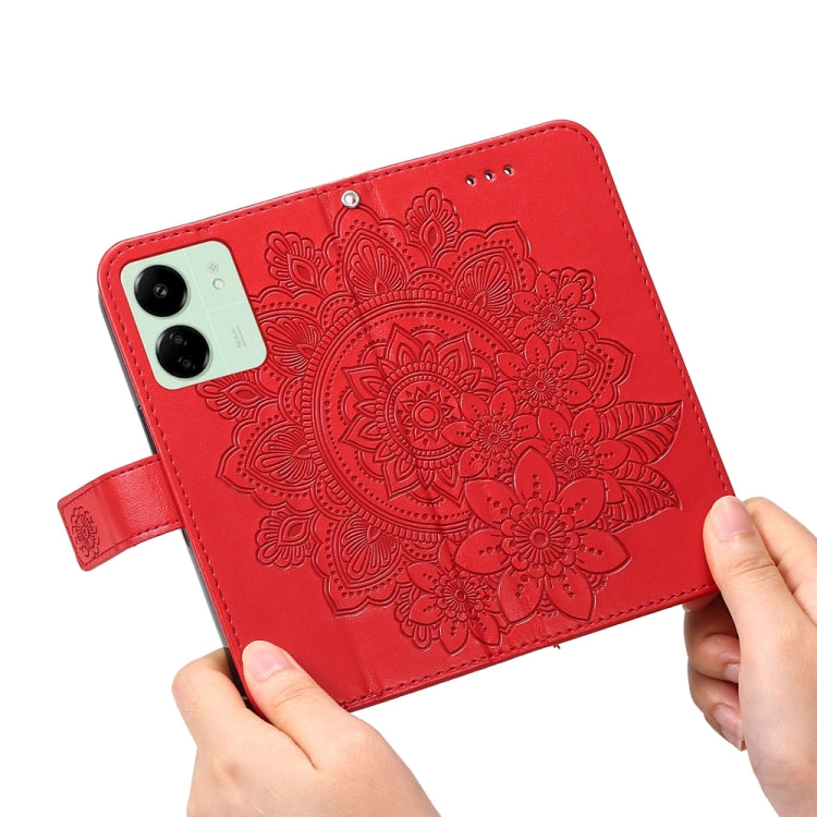 For Xiaomi Redmi 13C 4G 7-petal Flowers Embossing Leather Phone Case(Red) - 13C Cases by buy2fix | Online Shopping UK | buy2fix