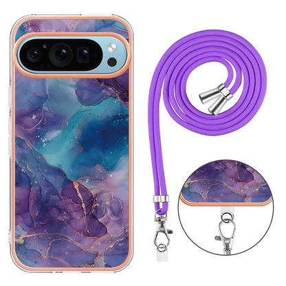 For Google Pixel 9 / 9 Pro Electroplating Marble Dual-side IMD Phone Case with Lanyard(Purple 016) - Google Cases by buy2fix | Online Shopping UK | buy2fix