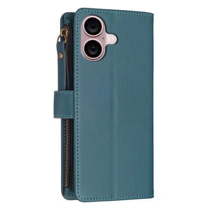 For iPhone 16 9 Card Slots Zipper Wallet Leather Flip Phone Case(Green) - iPhone 16 Cases by buy2fix | Online Shopping UK | buy2fix