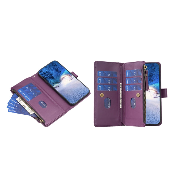 For iPhone 16 9 Card Slots Zipper Wallet Leather Flip Phone Case(Dark Purple) - iPhone 16 Cases by buy2fix | Online Shopping UK | buy2fix