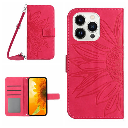 For iPhone 16 Pro Max Skin Feel Sun Flower Embossed Flip Leather Phone Case with Lanyard(Rose Red) - iPhone 16 Pro Max Cases by buy2fix | Online Shopping UK | buy2fix