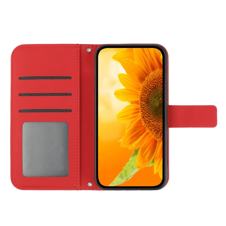 For iPhone 16 Pro Skin Feel Sun Flower Embossed Flip Leather Phone Case with Lanyard(Red) - iPhone 16 Pro Cases by buy2fix | Online Shopping UK | buy2fix