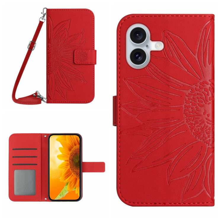 For iPhone 16 Plus Skin Feel Sun Flower Embossed Flip Leather Phone Case with Lanyard(Red) - iPhone 16 Plus Cases by buy2fix | Online Shopping UK | buy2fix