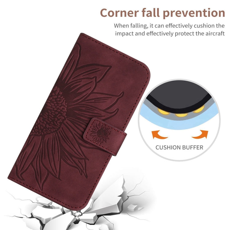 For iPhone 16 Plus Skin Feel Sun Flower Embossed Flip Leather Phone Case with Lanyard(Wine Red) - iPhone 16 Plus Cases by buy2fix | Online Shopping UK | buy2fix