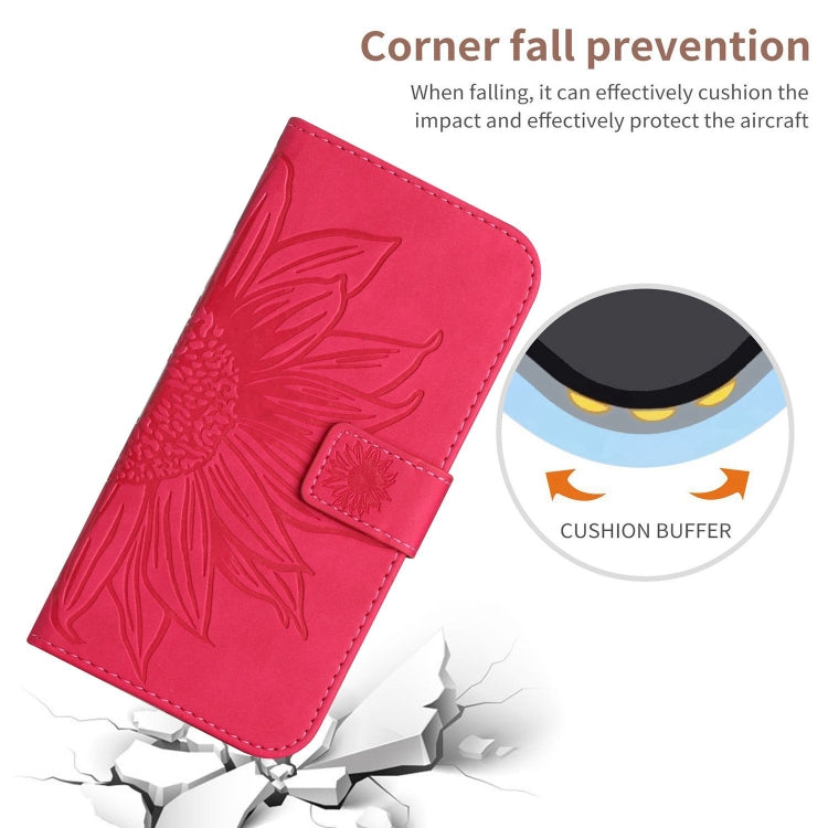 For iPhone 16 Skin Feel Sun Flower Embossed Flip Leather Phone Case with Lanyard(Rose Red) - iPhone 16 Cases by buy2fix | Online Shopping UK | buy2fix