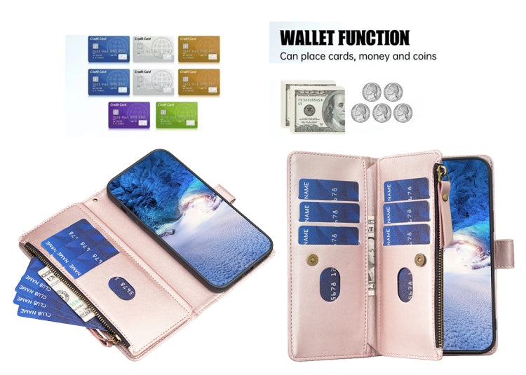 For Samsung Galaxy S24+ 5G 9 Card Slots Zipper Wallet Leather Flip Phone Case(Rose Gold) - Galaxy S24+ 5G Cases by buy2fix | Online Shopping UK | buy2fix