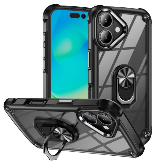 For iPhone 16 TPU + PC Lens Protection Phone Case with Ring Holder(Black) - iPhone 16 Cases by buy2fix | Online Shopping UK | buy2fix