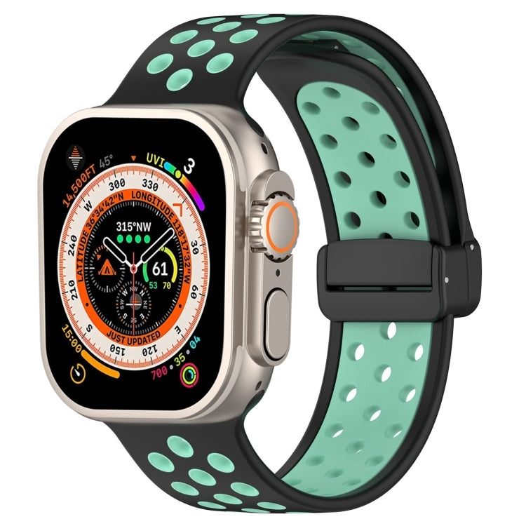 For Apple Watch Series 9 45mm Magnetic Buckle Silicone Watch Band(Black Cyan) - Watch Bands by buy2fix | Online Shopping UK | buy2fix