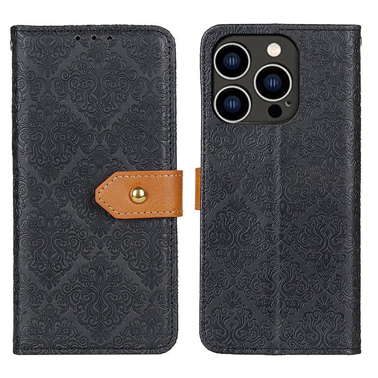 For iPhone 16 Pro European Floral Embossed Leather Phone Case(Black) - iPhone 16 Pro Cases by buy2fix | Online Shopping UK | buy2fix