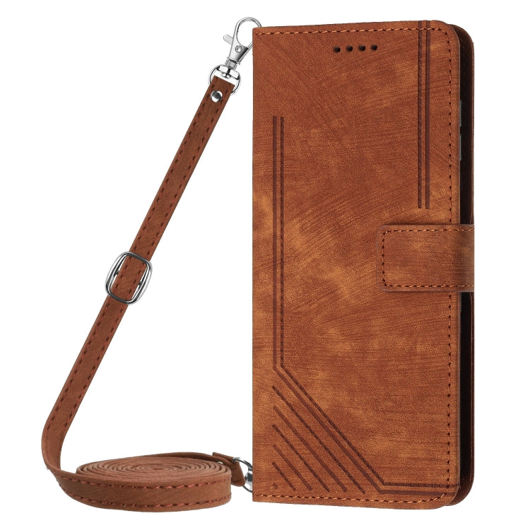 For Xiaomi Redmi K70 / K70 Pro Skin Feel Stripe Pattern Leather Phone Case with Long Lanyard(Brown) - K70 Pro Cases by buy2fix | Online Shopping UK | buy2fix