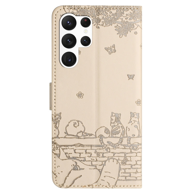 For Samsung Galaxy S23 Ultra Cat Embossing Pattern Leather Phone Case with Lanyard(Beige) - Galaxy S23 Ultra 5G Cases by buy2fix | Online Shopping UK | buy2fix