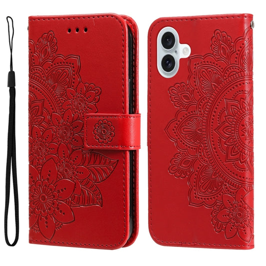 For iPhone 16 Plus 7-petal Flowers Embossing Leather Phone Case(Red) - iPhone 16 Plus Cases by buy2fix | Online Shopping UK | buy2fix