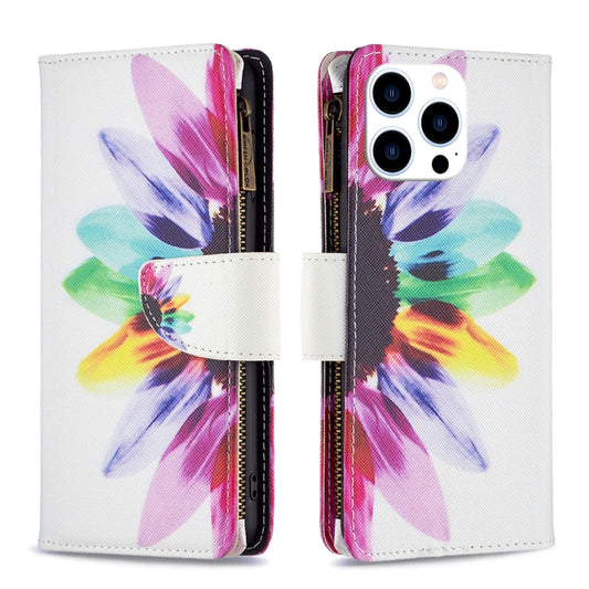 For iPhone 16 Pro Max Colored Drawing Pattern Zipper Phone Leather Case(Sun Flower) - iPhone 16 Pro Max Cases by buy2fix | Online Shopping UK | buy2fix