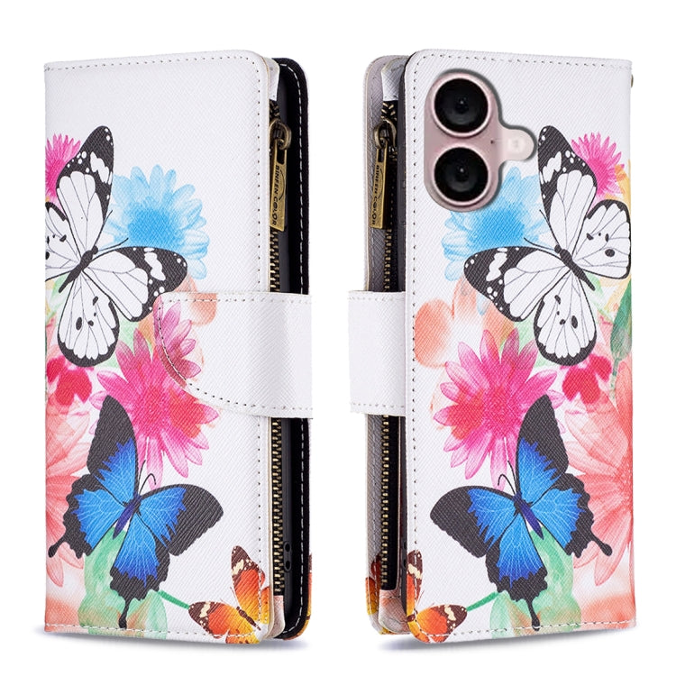 For iPhone 16 Colored Drawing Pattern Zipper Phone Leather Case(Two Butterflies) - iPhone 16 Cases by buy2fix | Online Shopping UK | buy2fix