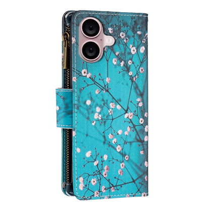 For iPhone 16 Colored Drawing Pattern Zipper Phone Leather Case(Plum Blossom) - iPhone 16 Cases by buy2fix | Online Shopping UK | buy2fix