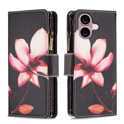 For iPhone 16 Colored Drawing Pattern Zipper Phone Leather Case(Lotus) - iPhone 16 Cases by buy2fix | Online Shopping UK | buy2fix