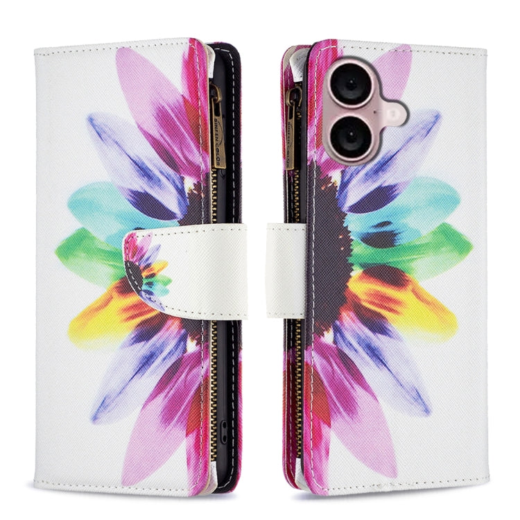 For iPhone 16 Plus Colored Drawing Pattern Zipper Phone Leather Case(Sun Flower) - iPhone 16 Plus Cases by buy2fix | Online Shopping UK | buy2fix