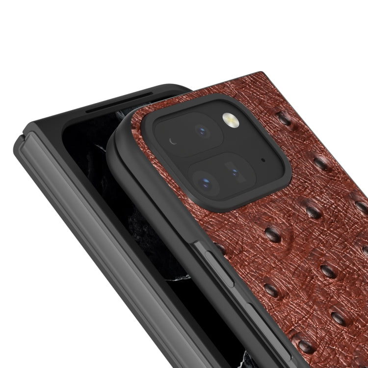 For Google Pixel 9 Pro Fold ABEEL Genuine Leather Ostrich Texture Phone Case(Coffee) - Google Cases by buy2fix | Online Shopping UK | buy2fix