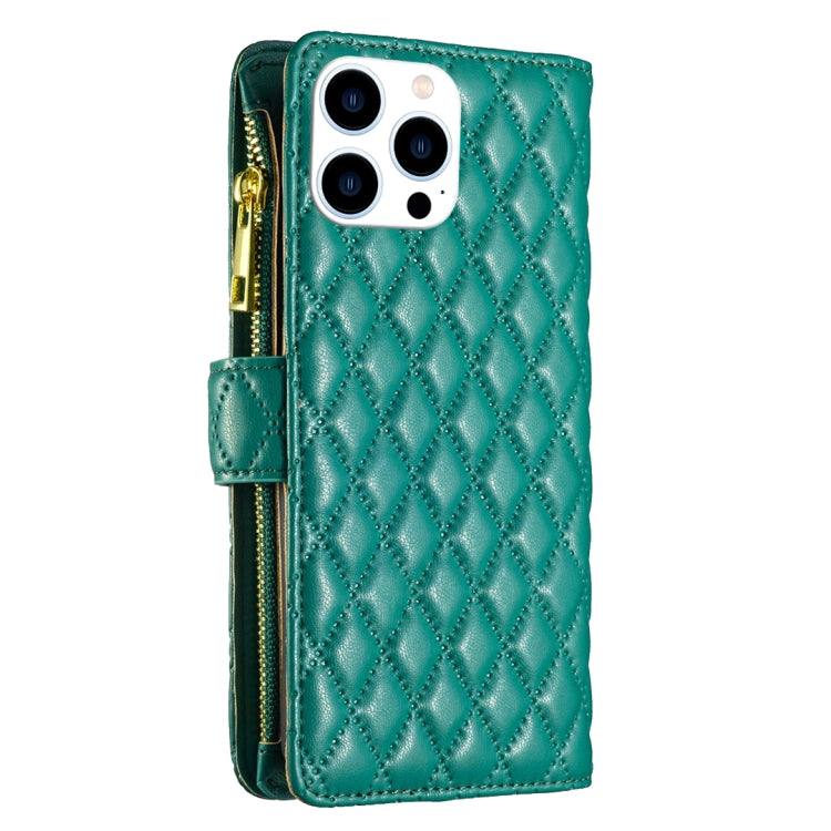 For iPhone 16 Pro Diamond Lattice Zipper Wallet Leather Flip Phone Case(Green) - iPhone 16 Pro Cases by buy2fix | Online Shopping UK | buy2fix