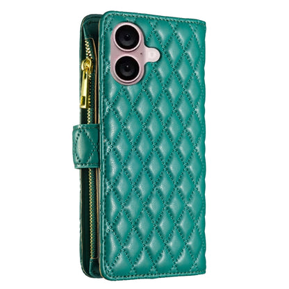 For iPhone 16 Plus Diamond Lattice Zipper Wallet Leather Flip Phone Case(Green) - iPhone 16 Plus Cases by buy2fix | Online Shopping UK | buy2fix