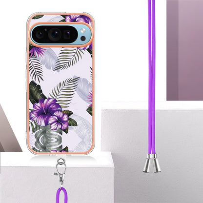 For Google Pixel 9 / 9 Pro Electroplating IMD TPU Phone Case with Lanyard(Purple Flower) - Google Cases by buy2fix | Online Shopping UK | buy2fix