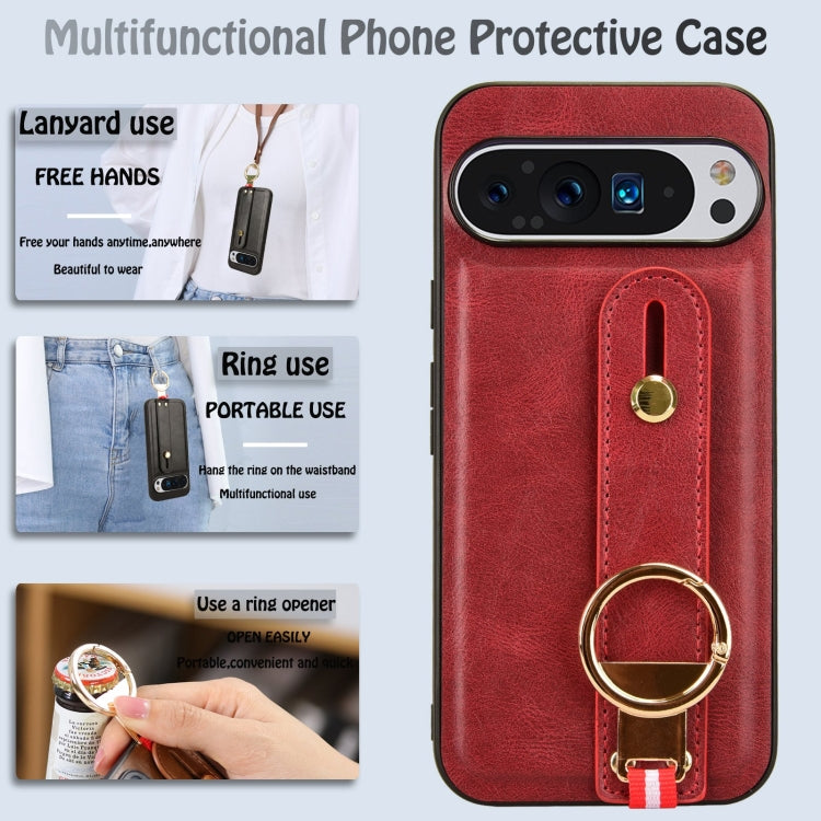 For Google Pixel 9 Wristband Leather Back Phone Case(Red) - Google Cases by buy2fix | Online Shopping UK | buy2fix