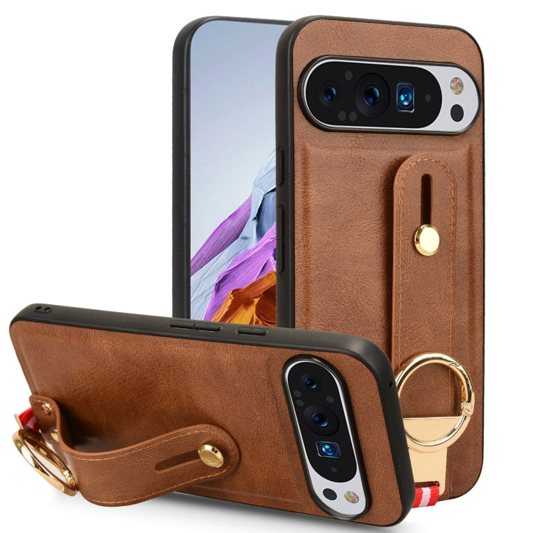 For Google Pixel 9 Wristband Leather Back Phone Case(Brown) - Google Cases by buy2fix | Online Shopping UK | buy2fix