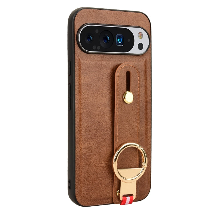 For Google Pixel 9 Pro XL Wristband Leather Back Phone Case(Brown) - Google Cases by buy2fix | Online Shopping UK | buy2fix