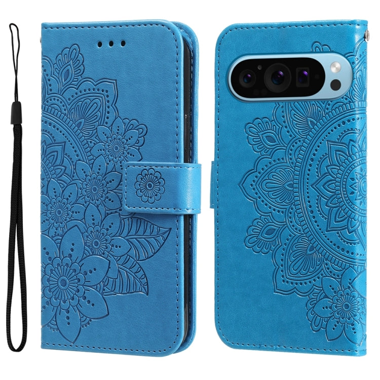 For Google Pixel 9 7-petal Flowers Embossing Leather Phone Case(Blue) - Google Cases by buy2fix | Online Shopping UK | buy2fix