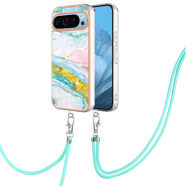 For Google Pixel 9 / 9 Pro Electroplating Marble Dual-side IMD Phone Case with Lanyard(Green 004) - Google Cases by buy2fix | Online Shopping UK | buy2fix