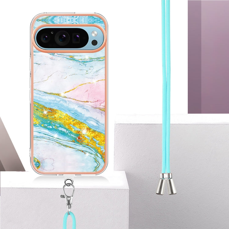 For Google Pixel 9 / 9 Pro Electroplating Marble Dual-side IMD Phone Case with Lanyard(Green 004) - Google Cases by buy2fix | Online Shopping UK | buy2fix