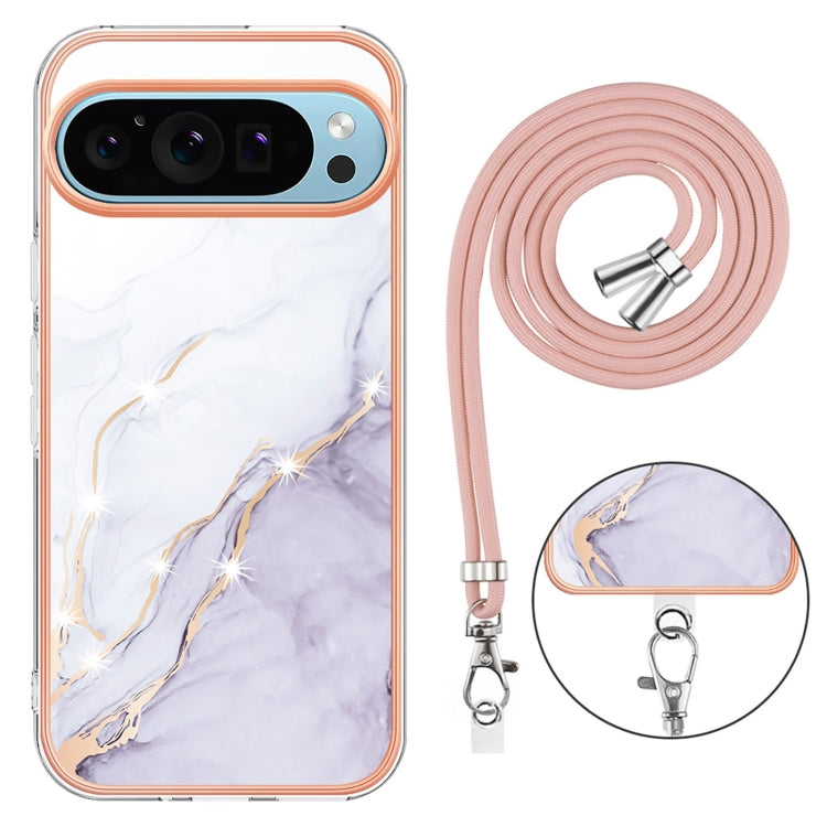 For Google Pixel 9 Pro XL Electroplating Marble Dual-side IMD Phone Case with Lanyard(White 006) - Google Cases by buy2fix | Online Shopping UK | buy2fix