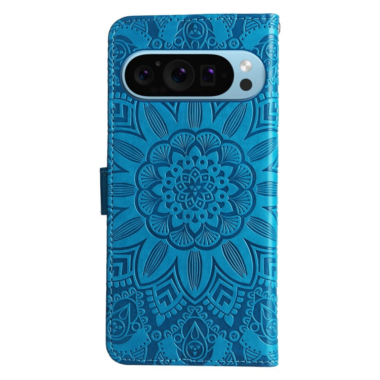 For Google Pixel 9 Embossed Sunflower Leather Phone Case(Blue) - Google Cases by buy2fix | Online Shopping UK | buy2fix