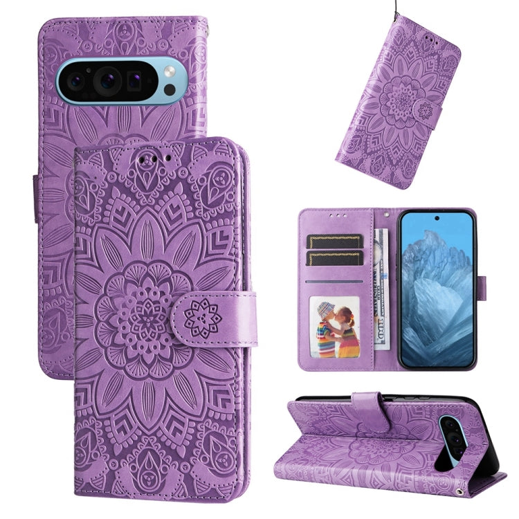 For Google Pixel 9 Embossed Sunflower Leather Phone Case(Purple) - Google Cases by buy2fix | Online Shopping UK | buy2fix