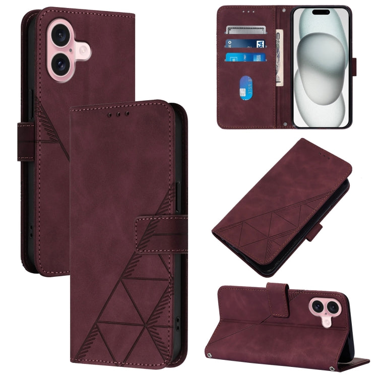 For iPhone 16 Crossbody 3D Embossed Flip Leather Phone Case(Wine Red) - iPhone 16 Cases by buy2fix | Online Shopping UK | buy2fix