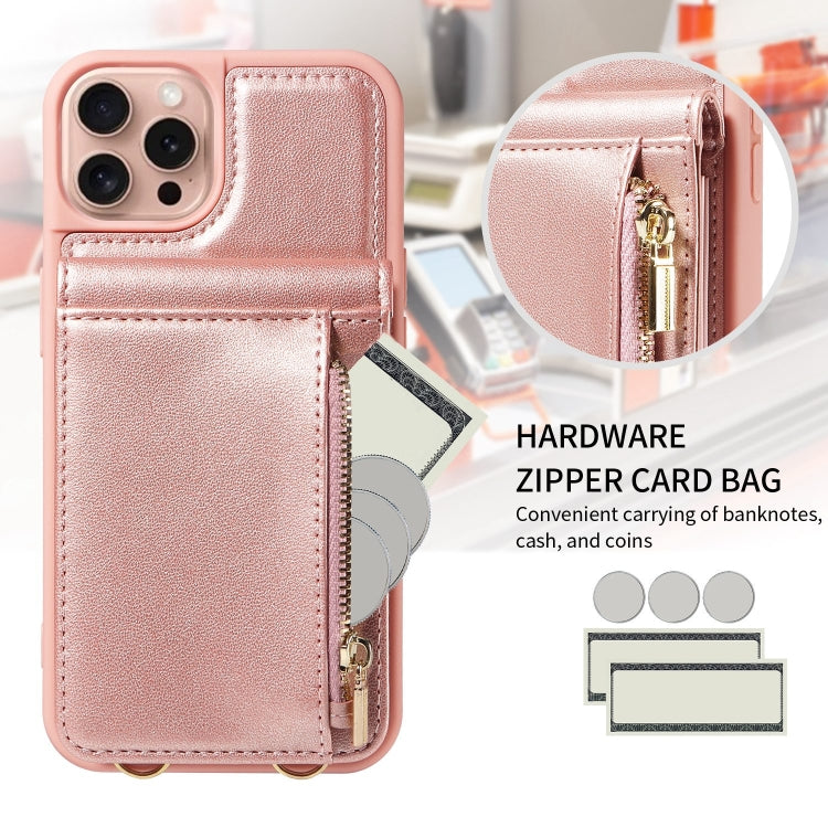 For iPhone 16 Pro Crossbody Lanyard Zipper Wallet Leather Phone Case(Rose Gold) - iPhone 16 Pro Cases by buy2fix | Online Shopping UK | buy2fix