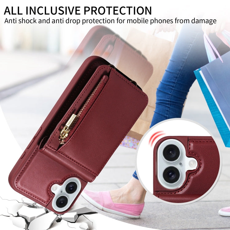 For iPhone 16 Plus Crossbody Lanyard Zipper Wallet Leather Phone Case(Wine Red) - iPhone 16 Plus Cases by buy2fix | Online Shopping UK | buy2fix