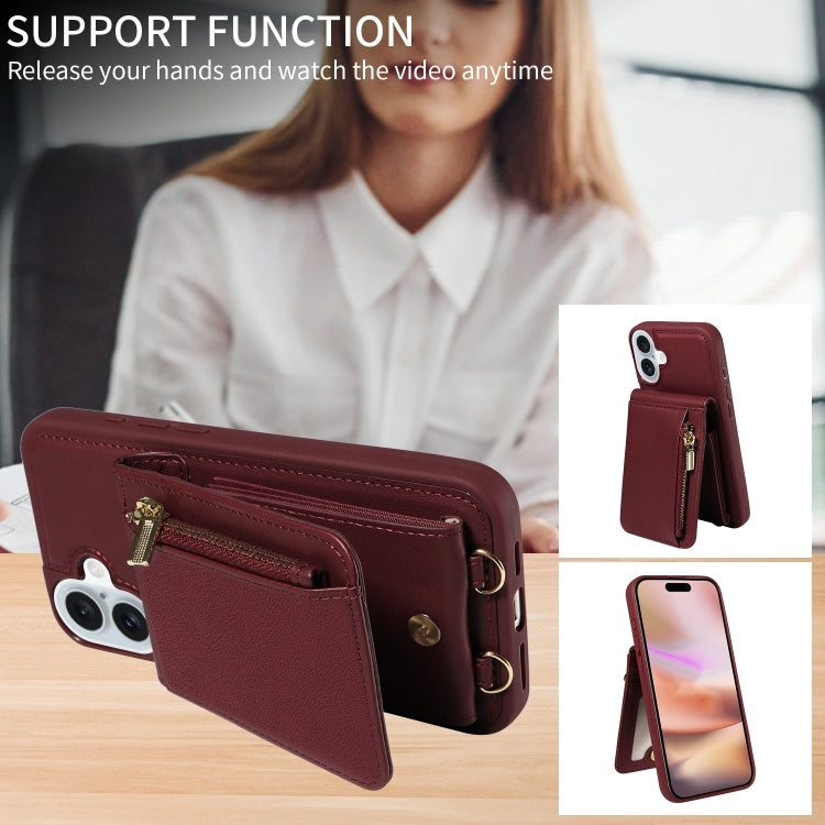 For iPhone 16 Plus Crossbody Lanyard Zipper Wallet Leather Phone Case(Wine Red) - iPhone 16 Plus Cases by buy2fix | Online Shopping UK | buy2fix