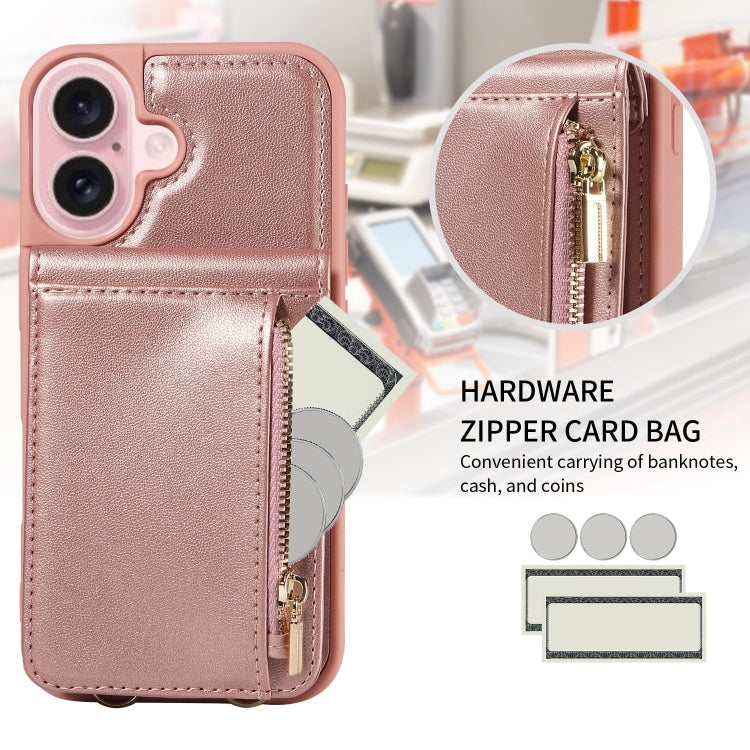 For iPhone 16 Crossbody Lanyard Zipper Wallet Leather Phone Case(Rose Gold) - iPhone 16 Cases by buy2fix | Online Shopping UK | buy2fix