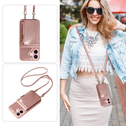 For iPhone 16 Crossbody Lanyard Zipper Wallet Leather Phone Case(Rose Gold) - iPhone 16 Cases by buy2fix | Online Shopping UK | buy2fix