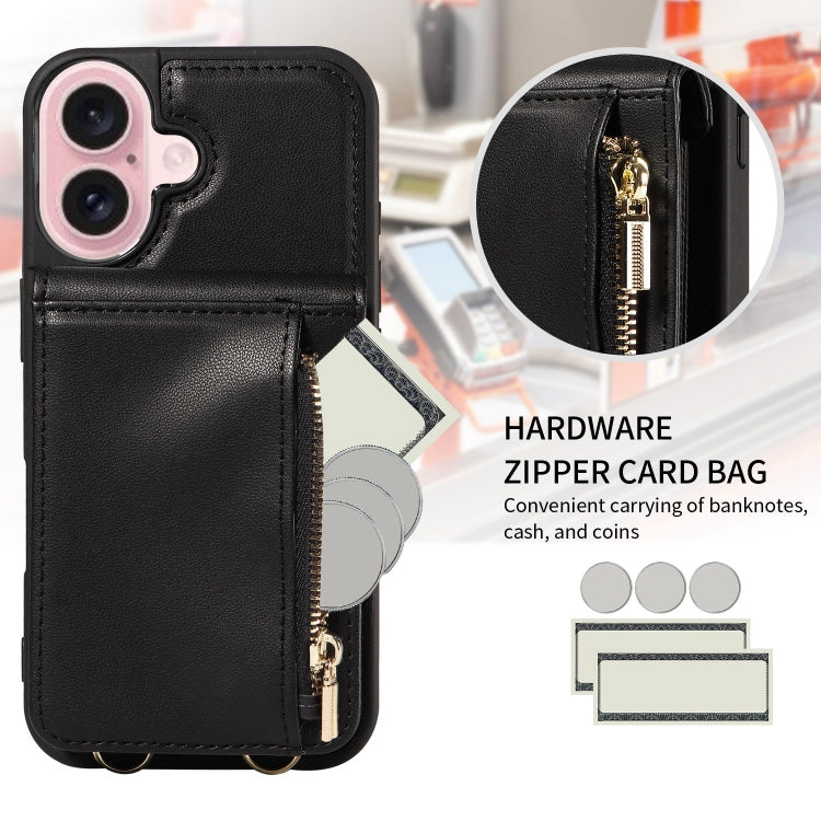 For iPhone 16 Crossbody Lanyard Zipper Wallet Leather Phone Case(Black) - iPhone 16 Cases by buy2fix | Online Shopping UK | buy2fix