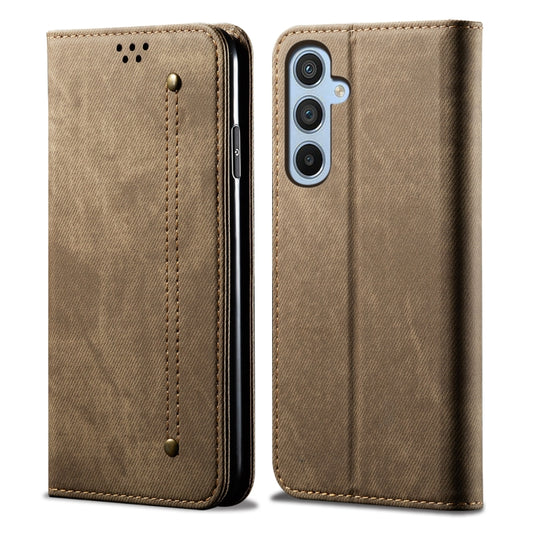 For Samsung Galaxy M55 5G Denim Texture Casual Style Horizontal Flip Leather Case(Khaki) - Galaxy Phone Cases by buy2fix | Online Shopping UK | buy2fix