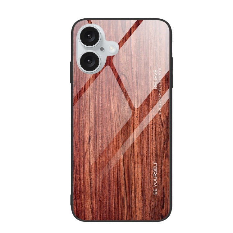 For iPhone 16 Plus Wood Grain Glass Phone Case(Coffee) - iPhone 16 Plus Cases by buy2fix | Online Shopping UK | buy2fix