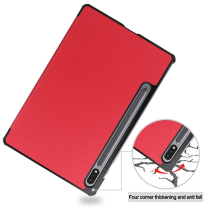 For Samsung Galaxy Tab S9 Custer Pure Color 3-Fold Holder Smart Leather Tablet Case(Red) - Galaxy Tab S9 Cases by buy2fix | Online Shopping UK | buy2fix