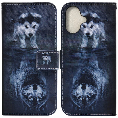 For iPhone 16 Coloured Drawing Flip Leather Phone Case(Wolf and Dog) - iPhone 16 Cases by buy2fix | Online Shopping UK | buy2fix