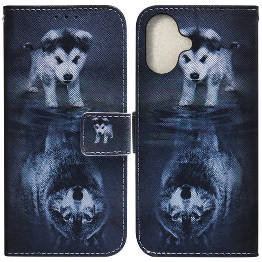 For iPhone 16 Coloured Drawing Flip Leather Phone Case(Wolf and Dog) - iPhone 16 Cases by buy2fix | Online Shopping UK | buy2fix